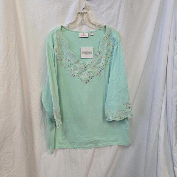 Quaker Factory Green Boho Embroidered Beaded Stretch 3/4 sleeves Top 2X NWT - Picture 4 of 12